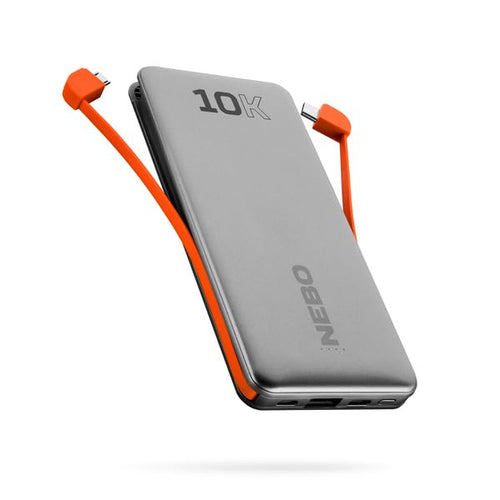 10K NEBO Power Bank with Integrated Cables | 10000mah Power, 37Wh Capacity, Certified Lightning Adapter, 4-Way Output Charging, Compatible with iPhone & Android