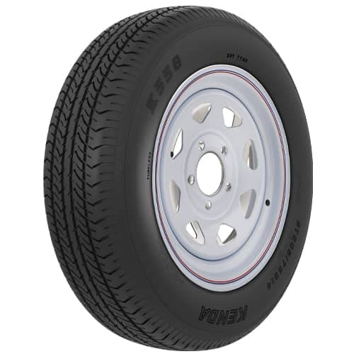 ST205/75R15 AMERICANA C/5H MOD WH W/STR, 15 Inch Diameter x 5.5 Inch Width; 8 Split Spoke; 2 Piece Welded Steel Construction; White With Stripes; ST205 x 75R15;Radial; Black Sidewall;Tubeless