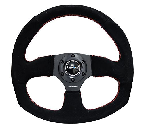 NRG Innovations Reinforced Steering Wheel NRG-RST-009S-RS Suede Leather Steering Wheel With/RED Stitch D-Shape Flat Bottom 320MM / 330MM