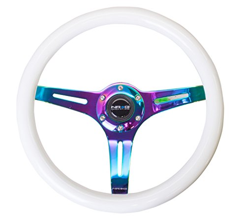 Classic Wood Grain Steering Wheel NRG Innovations - 350mm 3 Neochrome Spokes - Glow-in-the-dark Blue Color