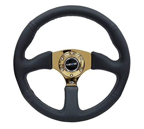 NRG Innovations Reinforced NRG-RST-023GD-R Steering Wheel 350mm Diameter 50mm Depth Sport Leather Racing (2.5" Deep) Comfort Grip 4mm Metal Gold Spoke