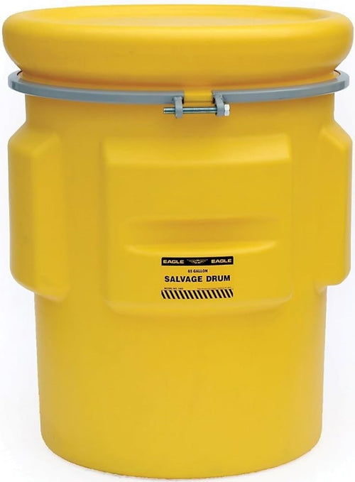 65 Gallon Eagle Plastic Drum with Lid, Metal Bolt Ring, 38.9"x31", Salvage Drum Made of Durable, Lightweight HDPE, Withstands Weather and Chemicals, Made in USA, Yellow, 1665