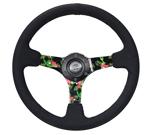NRG Innovations Reinforced Steering Wheel NRG-RST-036TROP-S - 3: Deep, 5mm Floral Spoke, 350mm Diameter Black Premium Suede Steering Wheel