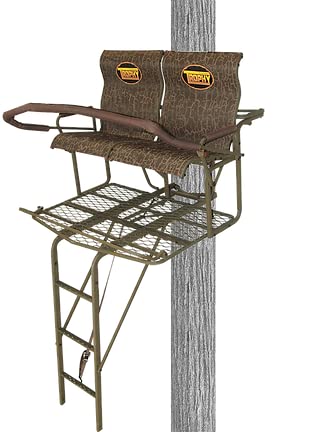 Trophy Treestands Two Person Big Easy Ladderstand with Individual Flip Up Comfort Curved Textilene Seating Padded Armrest TDL218