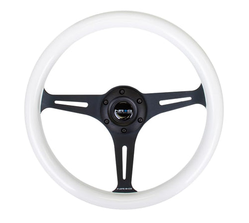 Classic NRG Wood Grain Steering Wheel (350mm) Glow-N-The-Dark Green Grip w/Black 3-Spoke Center