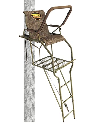 Gunny Trophy Treestands 20' Single Person Ladderstand Comfort-Curved Textilene Seating Padded Armrest Flip Up Adjustable Shooting Rail and Seat TL110