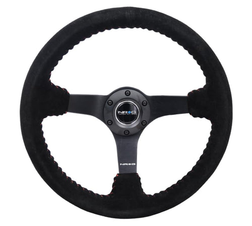 NRG Innovations Reinforced Steering Wheel NRG-RST-036MB-S-RD 3" Deep, 5mm Matte Black Spoke, 350mm Sport Steering Wheel Black Suede With Red Baseball Stitching