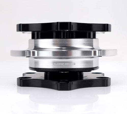 NRG Innovations SFI 42.1 Spec D shaped NRG-SRK-R200BK-SL Steering Wheel Quick Release Short Hub Adapter, 6x70mm Bolt Pattern Black Shinny Body/Silver Shinny Ring