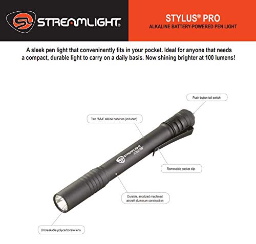 Stylus Pro Streamlight 100-Lumen Penlight with 2 AAA Alkaline Batteries, Black