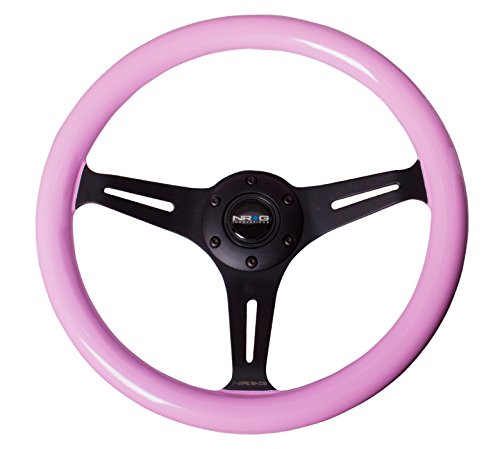 NRG Innovations Classic Wood Pink Grain Steering Wheel NRG-ST-015BK-PK, 350mm 3 Black Spokes, Solid Pink Painted Grip