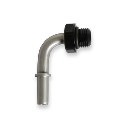 Fitting - Fuel Line Adapter - EARLS 935056ERL - 90 Degree - 5/16 in SAE Male Quick Disconnect to 6 an ORB - Stainless - Aluminum - Black Anodized - Each