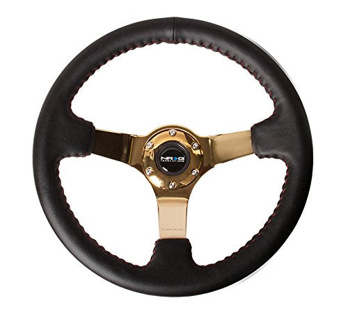 NRG Innovations Reinforced NRG-RST-036CG Steering Wheel (3" Deep, 4mm) 350mm Sport Wheel, Black Leather, Red Baseball Stitch, Gold Spoke