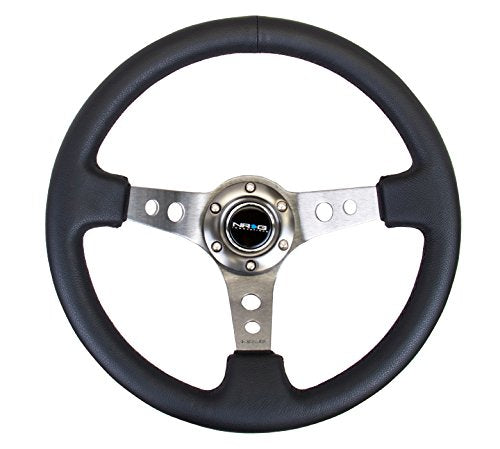 NRG Innovations Reinforced NRG-RST-006GM Steering Wheel - 350mm Sport Steering Wheel (3" Deep) - Gun Metal Spoke with Round holes, Black Leather