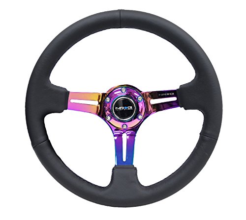 NRG Innovations Reinforced Steering Wheel NRG-RST-018R-MCBS 350mm 75mm Deep Sport Steering Wheel Leather (3" Deep) Black Stitch With Slits In Neochrome Double Riveted Spokes