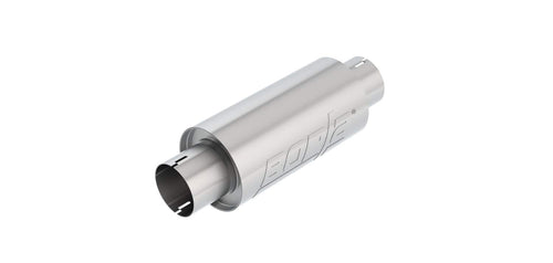 BORLA Resonator/Specialty 401343 - 3" Center Inlet/ 3" Center Outlet 5" Round x 10" Long Body 15" Overall Length. Universal Part. Reversible Design. Notched Necks.