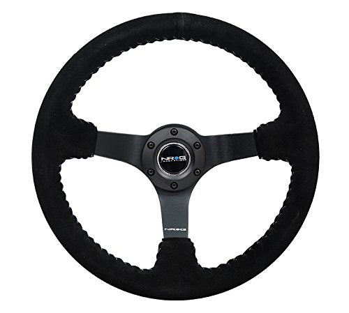 NRG Innovations Reinforced Steering Wheel NRG-RST-036MB-S-SL 3" Deep, 5mm Matte Black Spoke, 350mm Sport Steering Wheel Black Suede With Silver Baseball Stitching