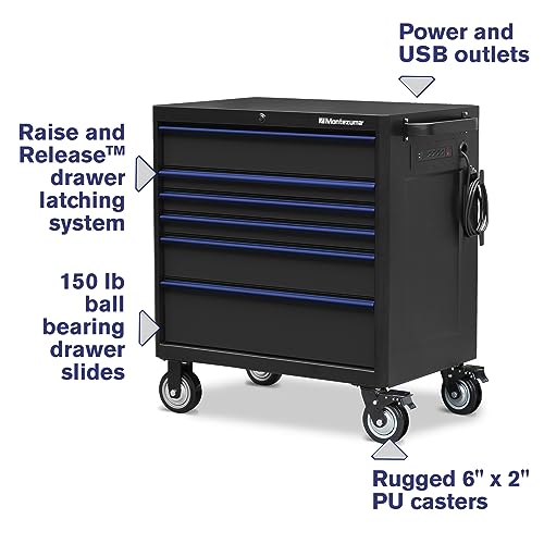 Tool Box Montezuma - Drawer Rolling Tool Cabinet With Multiple Power Outlets & Black Powder Coat Finish, 1 Count