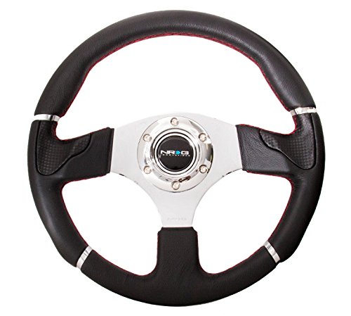 NRG Innovations Reinforced NRG-RST-008R Steering Wheel 320mm Black Leather/Red Stitching with Chrome 3 Spoke Center
