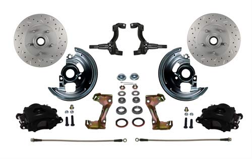 Power Front Disc Brake Kit LEED BRAKES Drilled And Slotted Rotors Black Powder Coated Calipers With 8" Dual Booster Adjustable Proportioning Valve