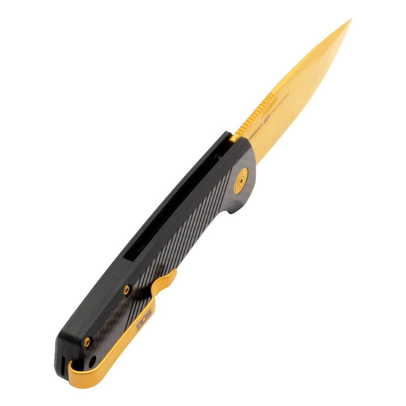 SOG Lightweight Terminus SJ LTE Everyday Carry Ambidextrous S35VN Steel 2.9" Sharp Blade Folding Knife | Slip Joint, Carbon/Gold
