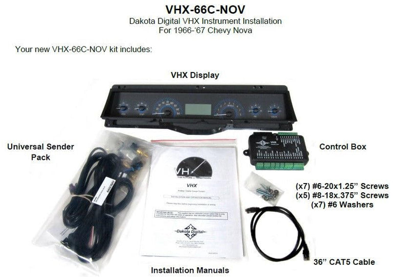 Dakota Digital VHX-66C-NOV-S-R Analog Dash Gauge System Compatible with 1966-67 Chevy Nova Silver Alloy Red Backlighting