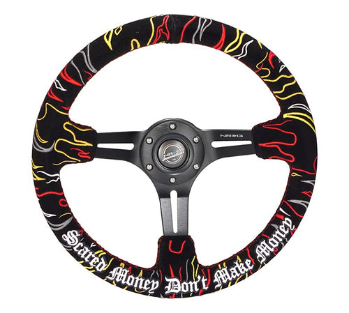NRG Innovations Reinforced Steering Wheel NRG-RST-018MB-RLB, 3" Deep, 5 mm Black Spoke with Slit Spokes, Black Alcantara, Red Stitching