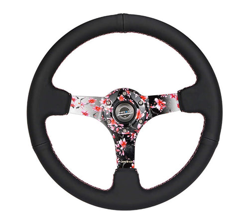 NRG Innovations Reinforced NRG-RST-036SAK-R Steering Wheel, Hydro Dipped Sakura Floral 3" Deep, 5mm Spoke, 350mm, Pink Suede with Black Baseball Stitching