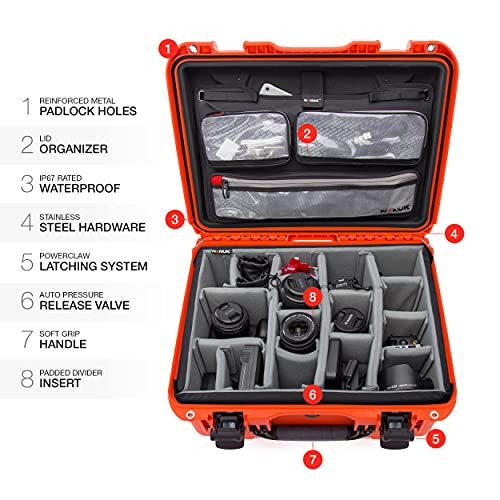 Waterproof Nanuk 933 Hard Case with Lid Organizer and Padded Divider - Orange (933-6003)