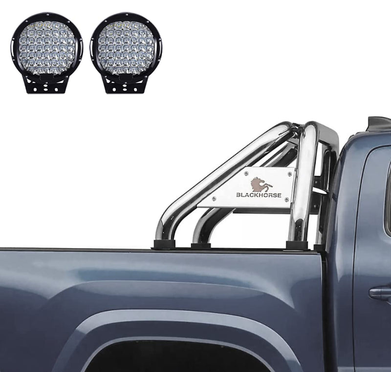 Classic Black Horse Roll Bar Incl.Set of 9 Black Round LED Light Stainless Steel Compatible with 1999-2024 Ford F-250 Super Duty|1999-2024 Ford F-350 Super Duty|1999-2024 Ford F-450 Super Duty