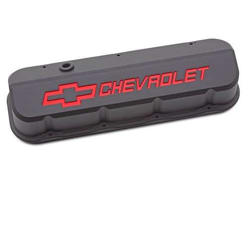 Proform Slant-Edge Valve Cover, Tall, Baffled, Breather Hole, Recessed Chevrolet Logo, Aluminum, Black Crinkle Powder Coat