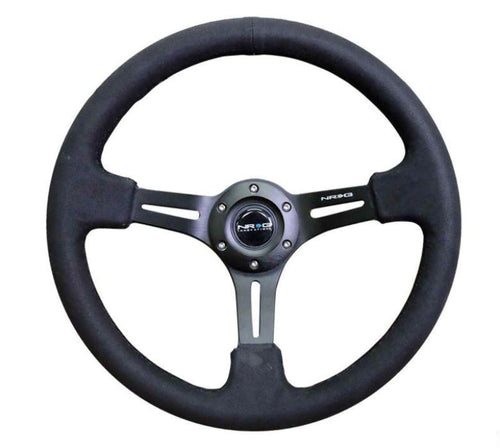 NRG Innovations Reinforced NRG-RST-018SA Steering Wheel 350mm Sport Steering Wheel (3" Deep) Black Leather with Alcantara Stitching, Slit Spoke Design over Circular Cut-Outs