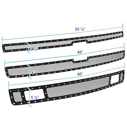 Spec-D Tuning Black Rivet Mesh Upper&Lower Main Grille Inserts 3PC Compatible with 2007-2013 Chevy Silverado 1500