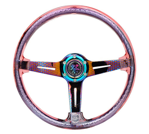 NRG Innovations Reinforced Steering Wheel NRG-RST-027GM-RD 350mm 2" Deep Dish Clear Acrylic in Red and Geometric NeoChrome Spoke Finish with Slits