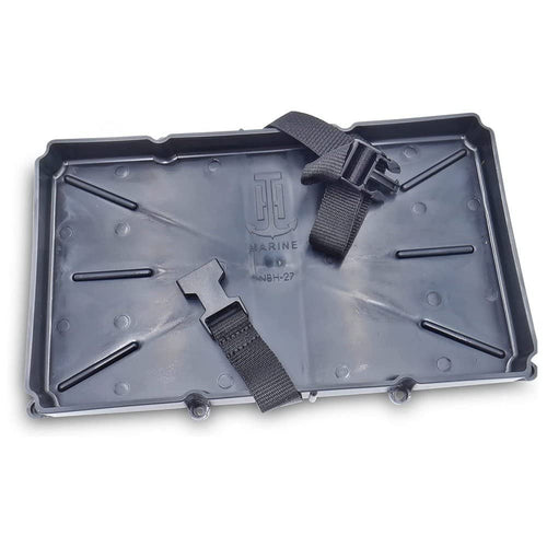 Narrow Battery Tray Holder T-H Marine with Poly Strap – Space Saving NMMA Certified Battery Tray with Recessed Mounting Wells for Marine, RV, and Trolling Motor Installations – Group 27, 12.5" x 7"