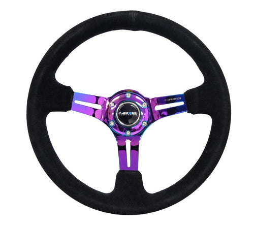 NRG Innovations Reinforced NRG-RST-018S-MCBS Steering Wheel 350mm 75mm Deep Sport Steering Wheel Suede (3" Deep) Black Stitch With Slits In Neochrome Double Riveted Spokes