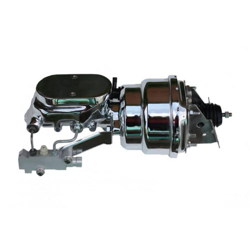 7 Inch LEED BRAKES Dual Power Booster, 1-1/8 Inch Bore Flat Top Master, Side Mount Valve, Disc/Disc (Chrome)