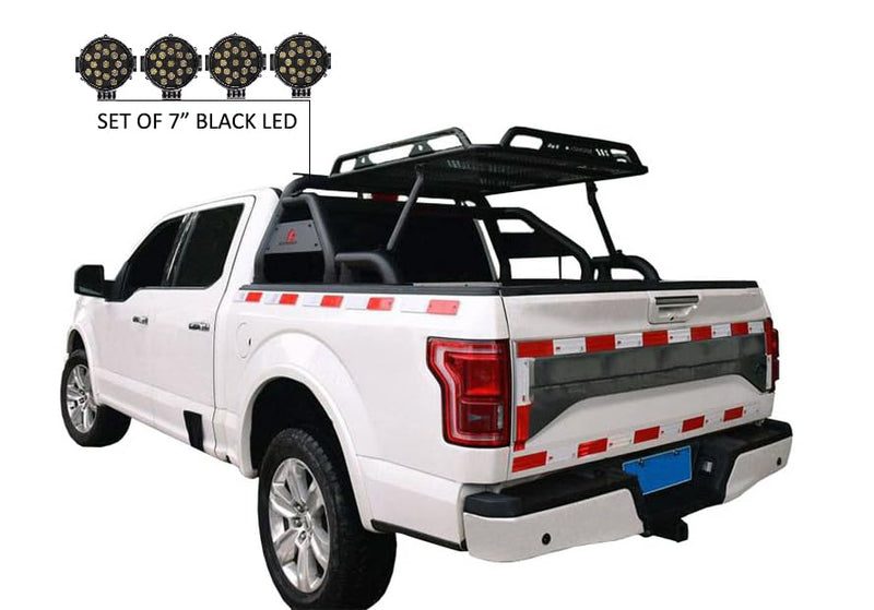 Warrior Black Horse Roll Bar incl. Pair of 7.0" Dia.LED Lights w/Black Trim Rings Compatible with 1/2 TON Trucks (GM Silverado 14+/Ford F150 15+/Dodge RAM 15+) with Full Size Cargo Basket
