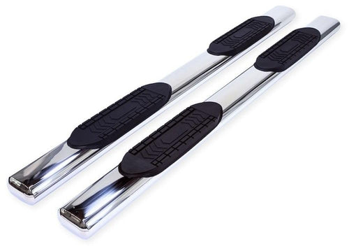 Truck Running Boards TrailFX A8220S Fits Chevrolet Silverado 1500 Extended Cab 2007-2018 Oval 6 Inch Straight Side Bars with Step Pads, Polished Stainless Steel, Welded End Caps, Rocker Panel Mount