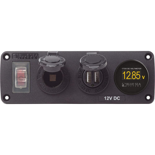 Water-Resistant Blue Sea Systems Accessory Panel with Circuit Breaker, 12V Socket, Dual USB Charger, Mini Voltmeter, Black