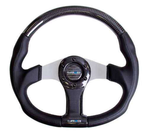 NRG Innovations Carbon Fiber NRG-ST-013CFSL Steering Wheel 350mm, Silver Oval Shape with Leather Trim
