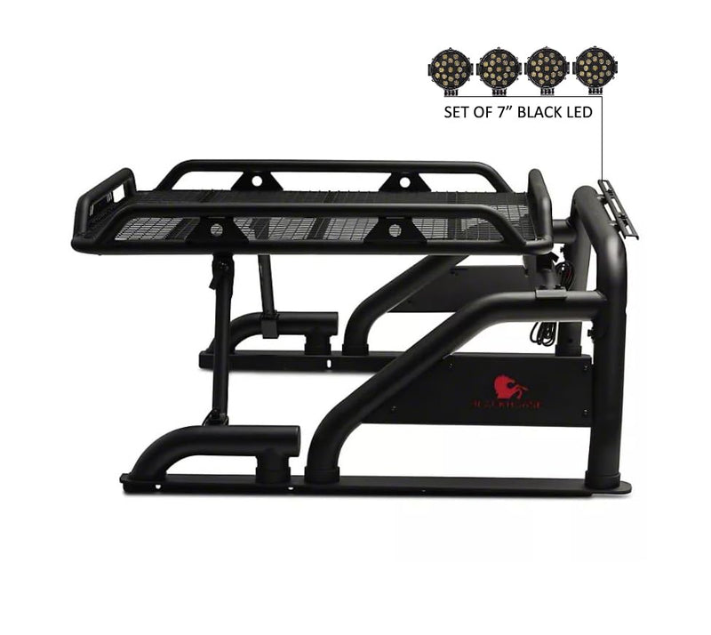 Warrior Black Horse Roll Bar incl. Pair of 7.0" Dia.LED Lights w/Black Trim Rings Compatible with 1/2 TON Trucks (GM Silverado 14+/Ford F150 15+/Dodge RAM 15+) with Full Size Cargo Basket