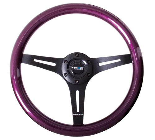 NRG Innovations Steering Wheel NRG-ST-015BK-PP - 350mm 25mm Deep Configuration, Classic Wood Purple Grain Wheel, 3 Black Spoke, Purple Pearl/Flake Paint