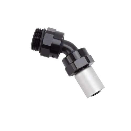 CRIMP ON HOSE END -6 MALE TO -6 SAE PORT 45 DEG BLK ANODIZED