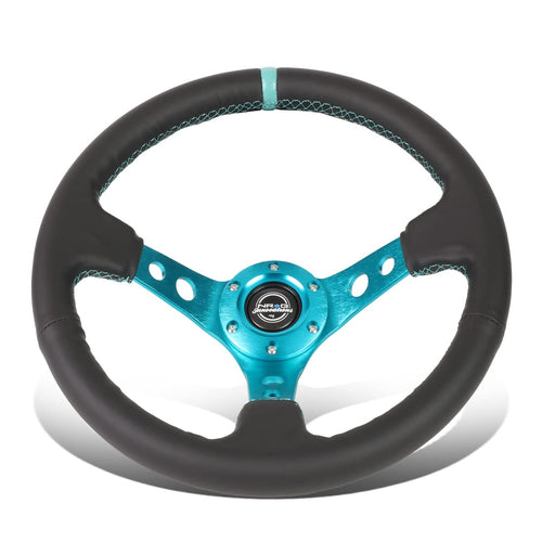 NRG Innovations Reinforced NRG-RST-006TL Steering Wheel 350mm Sport Steering Wheel (3" Deep), Black Leather Teal Center Mark with Teal Stitching and Teal Center Spoke