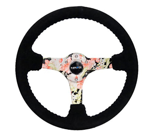NRG Innovations Reinforced Steering Wheel NRG-RST-036FL-S - Hydro Dipped Tropical Floral 3" Deep, 5mm Spoke, 350mm Sport Steering Wheel Black Suede With Black Baseball Stitching