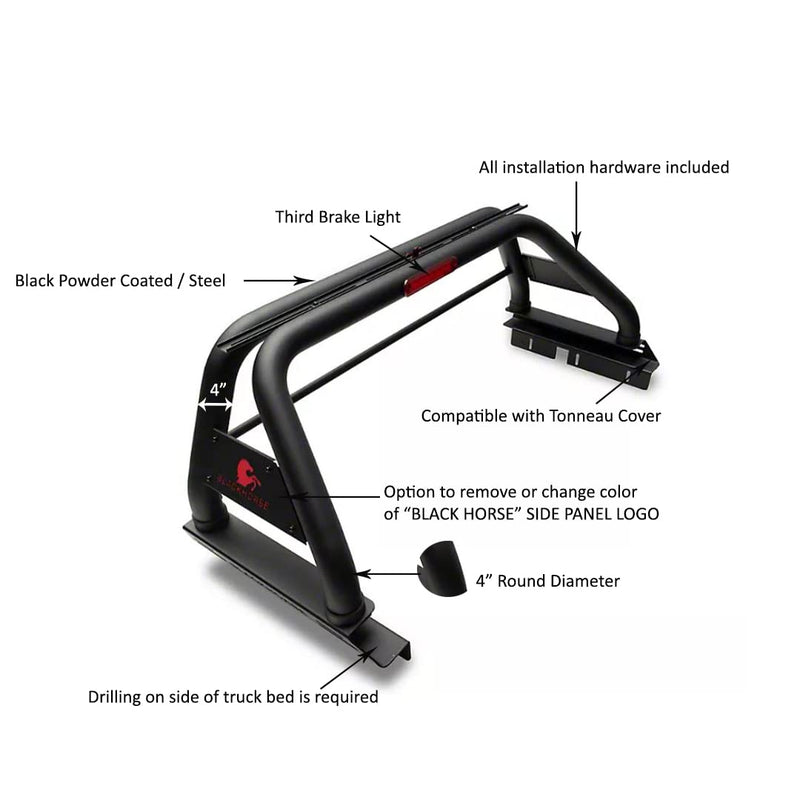 Classic Black Horse Roll Bar Incl.Set of 9 Black Round LED Light Compatible with 2022-2024 Nissan Frontier-RBB22-PL69B