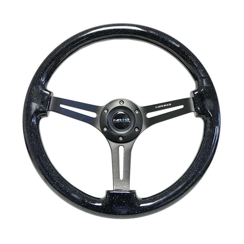 NRG Innovations Reinforced NRG-RST-018BSB-BK Classic Wood Grain Wheel, 350mm, 3 Spoke Slotted Center Black Matte Color with Black Multi Color Flake Wood