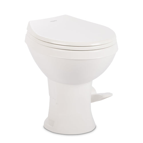 Dometic 400 Model Essential RV Toilet – Round Lightweight Plastic Bowl, Universal Fit & 2-Bolt Mount, 18" Chair Height Residential Style, Gravity Flush Toilet with Soft-Close Seat, White (9610008275)