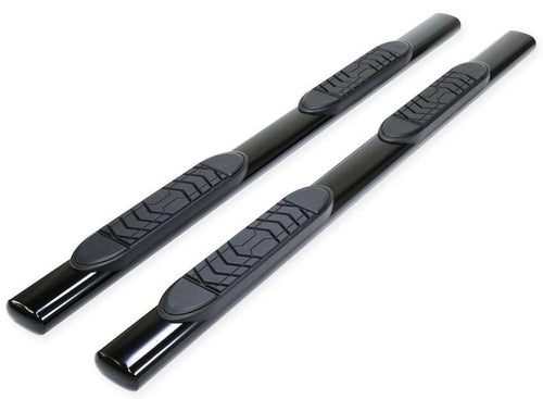 Truck Running Boards TrailFX A7056B Fits Ram 1500 Crew Cab 2011-2018 Oval 5 Inch Straight Nerf Bars with Step Pads Black Powder Coated Steel, Welded End Caps, Rocker Panel Mount
