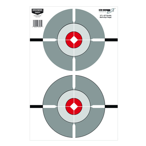 BIRCHWOOD CASEY Eze-Scorer 12" x 18" Double Bull's-Eye Shoot-Up Brilliant White Paper Targets for Indoor and Outdoor Use, 100 Targets
